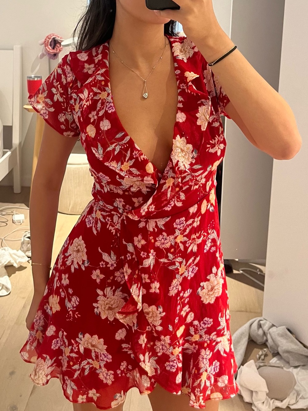 Lush Red Floral Wrap Mini Dress